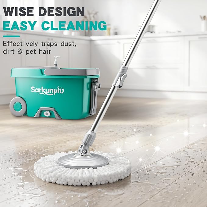 Mop and Bucket Set with 6 Replacement Microfiber Heads, Blue | Spin mop with wringer, 61-inch extra-long handle, spinning mopping floor cleaning system for home floor