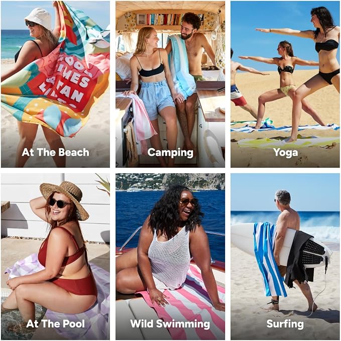Dock & Bay Beach Towel - Quick Dry, Sand Free - Compact, Lightweight - 100% Recycled - Includes Bag - Good Times & Tan Lines - Extra Large (200x90cm, 78x35)