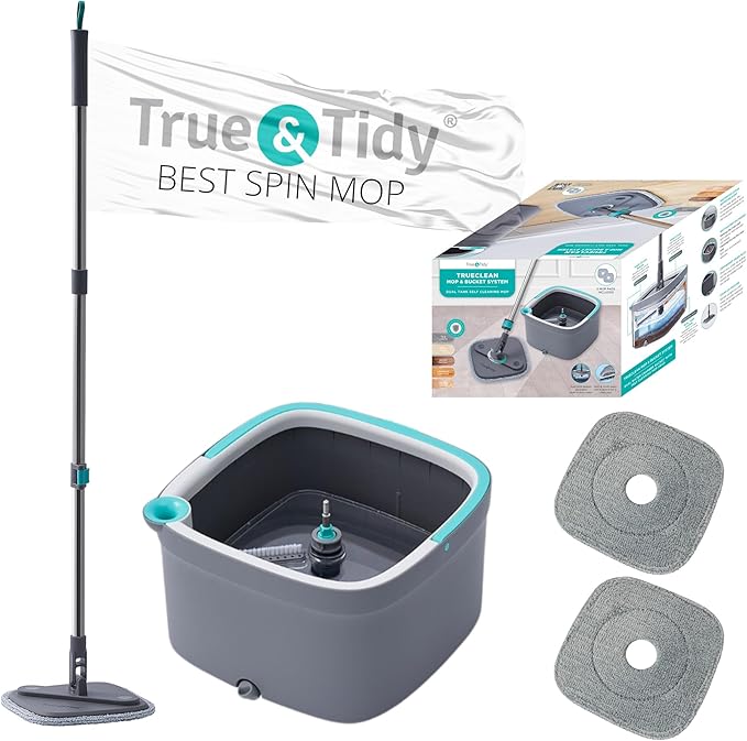 Spin Mop and Bucket with Separate Compartments for Clean and Dirty Water NEW 2025 Upgraded Version w/Side Brush and Self Standing Handle, Smart Square Mop w/ 2 Machine Washable Microfiber Pads, Gray