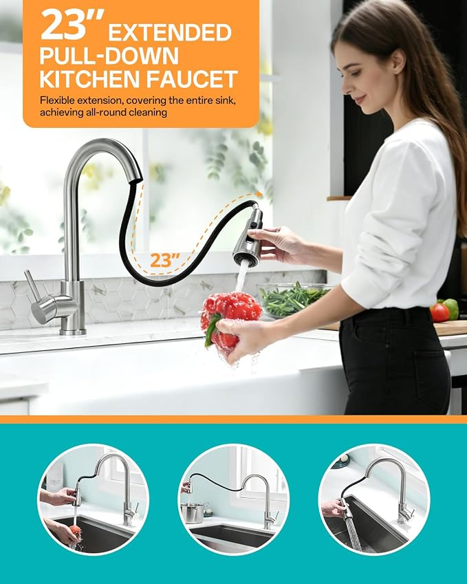 Kicimpro Kitchen Faucets with Pull Down Sprayer, NSF Certified Lead-Free 304 Stainless Steel Sink Faucet 1 Hole, Faucet for Kitchen Sink, Rv, Bar, Camper, Laundry, Easy Installation,Brushed Nickel | 3 Spray Modes, 360 Swivel, Deck Plate, SUS304, Fits 1...