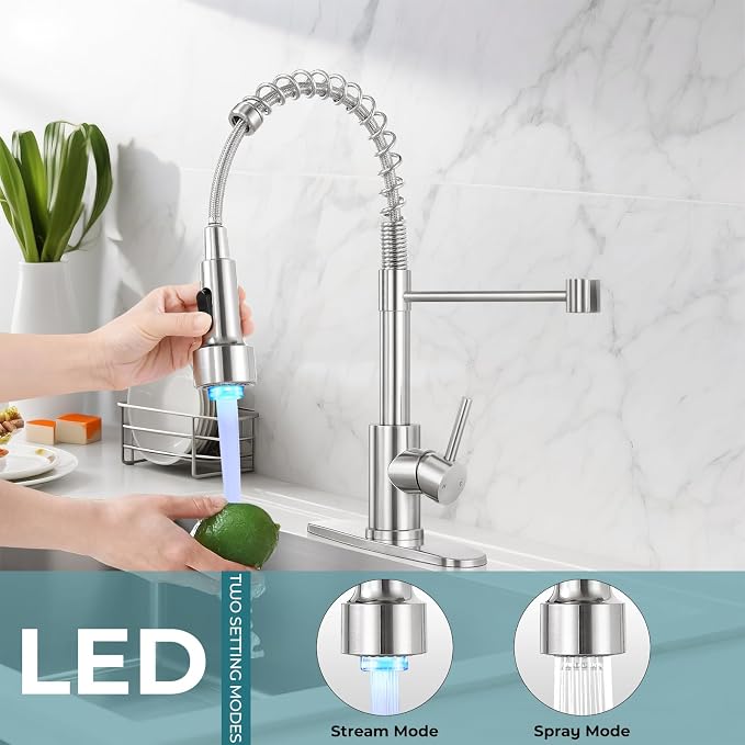 Kitchen Faucet with LED Pull Down Sprayer,Commercial Single Handle Stainless Steel Kitchen Faucets with Deck Plate (Brush Nickel)