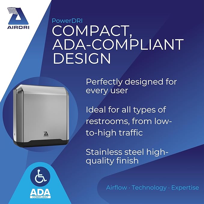 PowerDRI Automatic Hand Dryer - .8kW Low Energy Motor - 10-Sec. Dry Time - H13 HEPA Filter - 75dBA Noise Output - ADA Compliant - Ideal for High-Traffic Businesses and Venues - Stainless Steel