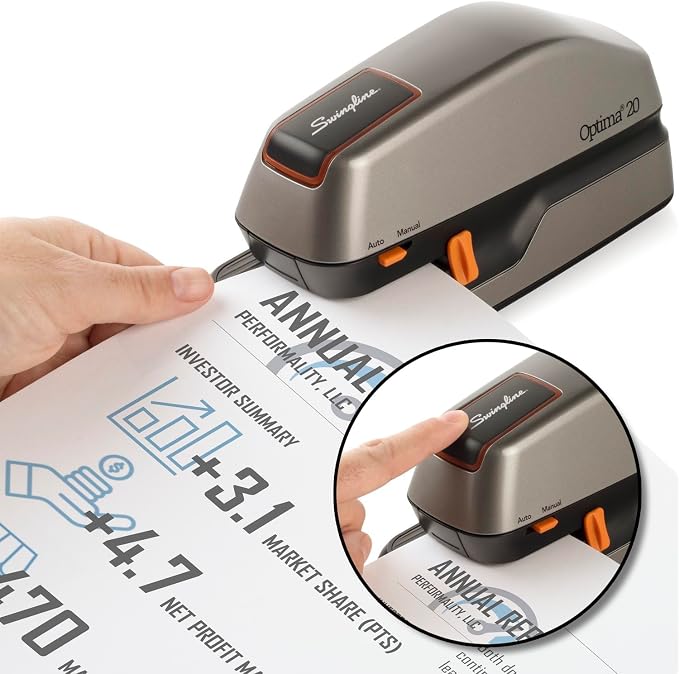 Swingline Electric Stapler, 20 Sheet Capacity, Optima 20, Jam Free, Auto or Manual, Plug In or Battery, Silver (48208)