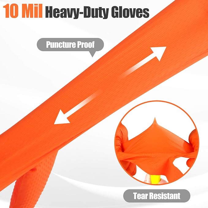 TREEGO 10 Mil Heavy Duty Orange Nitrile Mechanic Gloves, 50 Count XL | Diamond Grip, Latex & Powder Free for Heavy Equipment Service, Industrial Maintenance, Utility & Warehouse Work