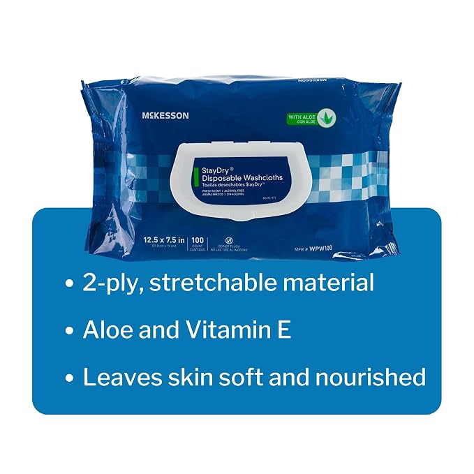 McKesson Disposable Wipe 1 Pack, 100 Washcloths - Large Adult Body and Incontinence Washcloths with Aloe and Vitamin E, Alcohol-Free, 100 Wipes Per Pack