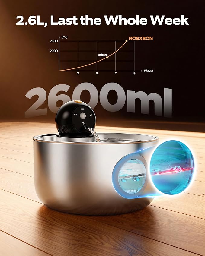 Wireless Cat Water Fountain Cordless: Battery Operated Cat Fountains | 88oz/2.6L Stainless Steel Pet Water Fountain for Drinking with Motion Sensor Rechargeable Automatic Water Dispenser Indoor