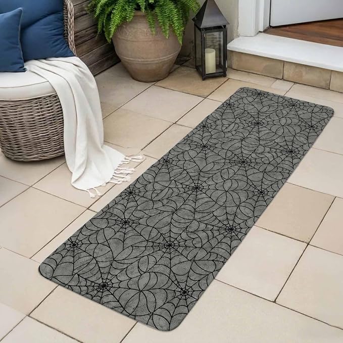 Runner Rug Indoor Outdoor 15.7"x47.2", Grey Halloween Absorbent Non Slip Entry Door Mat, Black Spiders Net Classic Gingham Low-Profile Hallway Rugs for Kitchen Laundry Room Entryway Mudroom Apartment