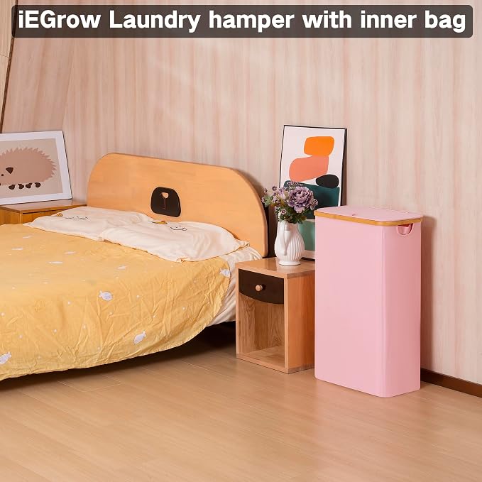 iEGrow 75L Slim Laundry Hamper, Narrow Laundry Basket with Lid,Foldable Clothes Hamper with Bamboo Handles,Hamper Basket with Removable Inner Bag for Laundry Room Bedroom College Dorm,19.8 Gals Pink