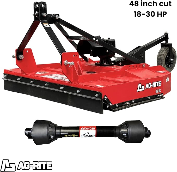 48 Inch Brush Hog Tractor Rotary Cutter with PTO, Fits 22-50 HP | Cat 1 & 2, Heavy Duty 3 Point PTO Rotary Mower, 6 Gauge Steel Deck, Slip Clutch Driveline, Cuts 2 Inch Brush