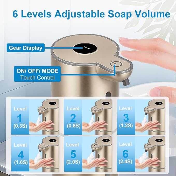 OHIFAST Automatic Foaming Soap Dispenser Touchless, USB Rechargeable Smart Hand Soap Dispenser, 6-Level Adjustable, 12.8oz/380mL Wall Mounted for Bathroom Kitchen Dish Soap-Gold