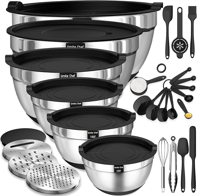 Thickened Heavy-Duty 26pcs Stainless Steel Bowl, Mixing Bowl Set with Lid, Grater Attachment, Non-Slip Bottom and Kitchen Gadget Set, Sizes 7, 4, 2.5, 2.0, 1.5, 1QT, Ideal for Mixing and Serving