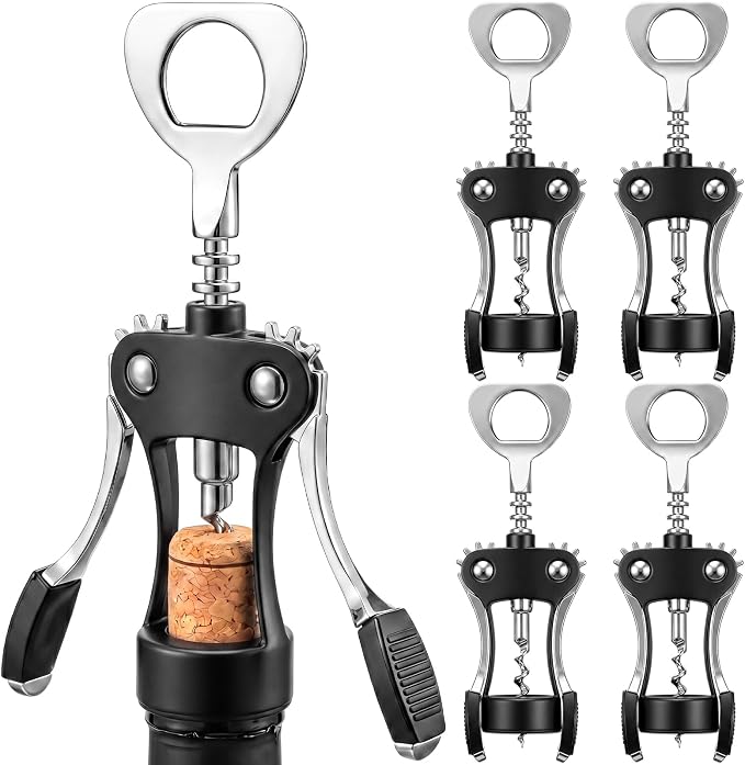 Hushee 5 Pcs Wing Corkscrew Opener, Zinc Alloy Heavy Duty Multifunctional Wine Bottle Opener for Restaurant, Bar, Waiters, Ideal for Wedding Shower Party Favors Gifts (Silicone,Black)