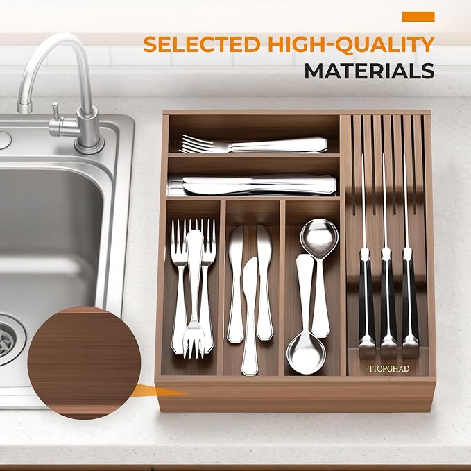 TIOPGHAD Small-Bamboo-Silverware-Drawer-Organizer, Expandable Utensil Kitchen Cutlery Tray Flatware Organization Wood Tableware Dividers Storage (with Removable Knife Block)(Brown)