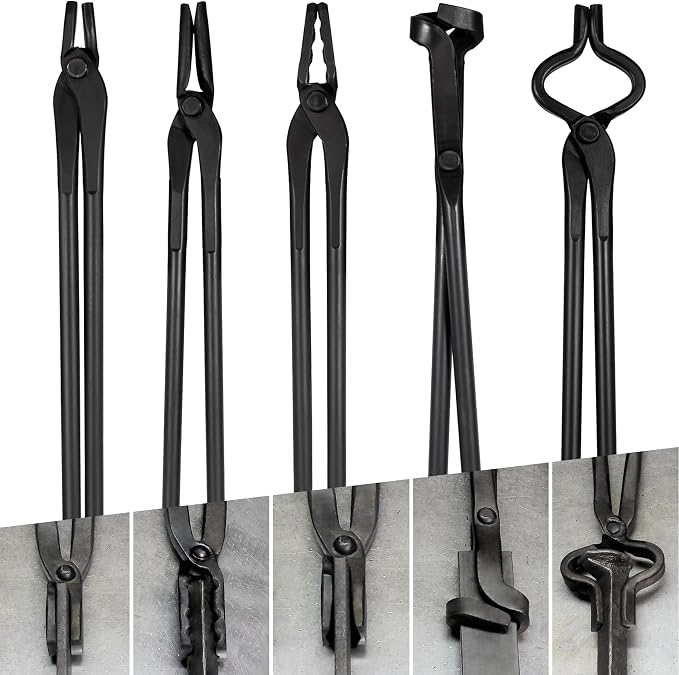 Blacksmith Tongs - V-Bit, Flat, Blade, Square Jaw, Wolf Jaw (5PCS) | Knife Making Forge Tong Set Assembled Steel Blacksmithing Bladesmith Bladesmithing
