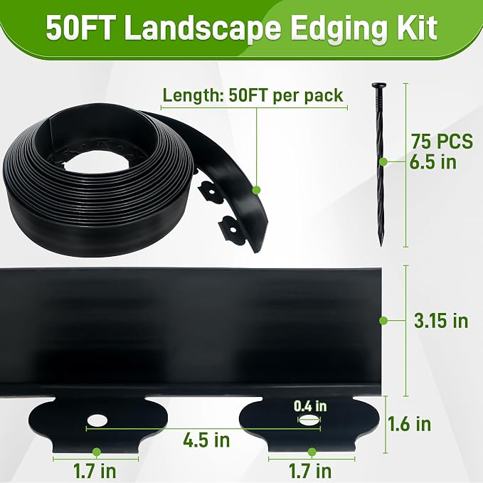 Quibbay 3.15" x 50' Landscape Edging, Plastic Garden Edging Borders with 75 Anchoring Spikes, Flexible Lawn Edging for Landscaping Garden Flower Beds Grass Yard Paver Pathway, Black