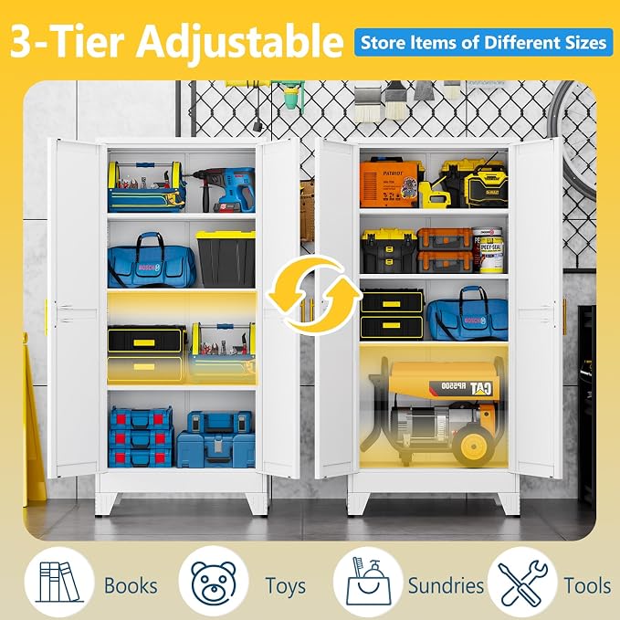 PAOFIN 61" Metal Storage Cabinet with 2 Doors and 3 Adjustable Shelves,White Metal Garage Storage Cabinets, File Cabinet,Steel Tool Cabinets for Home,Office,Garage,School,Warehouse