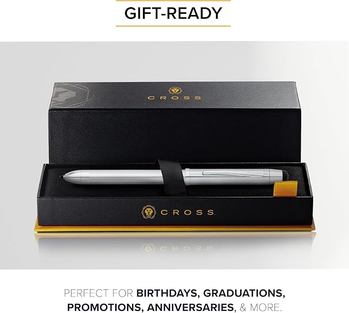 Cross Tech3+ Lustrous Chrome Multifunction Pen - Multifunctional Pen & Pencil for Versatile Use - Multiple Writing Tips - 2-Way Rotation Mechanism - Built-in Stylus - Corporate Gifts - Black Ink