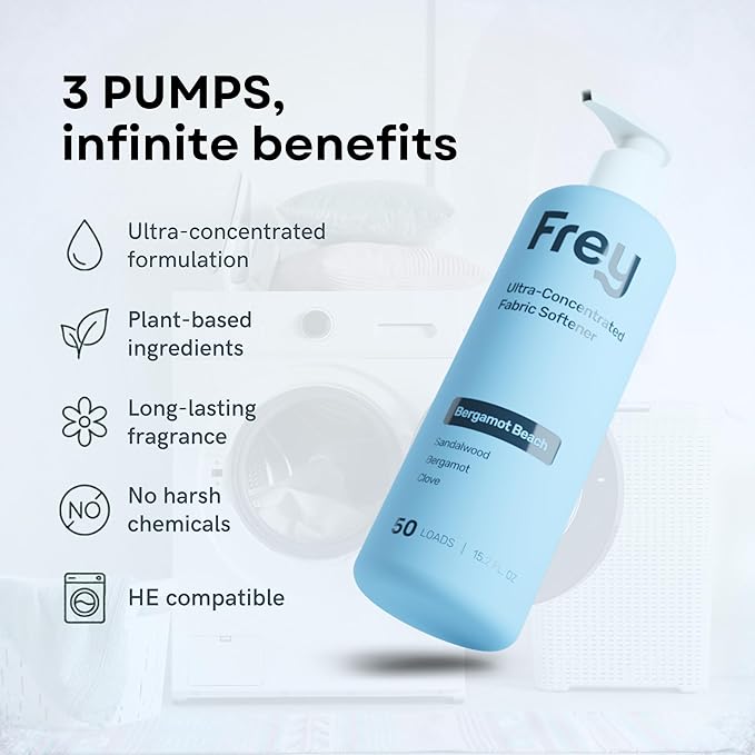 FREY Natural Liquid Fabric Softener and Conditioner | HE Laundry Softener for All Machines | Plant-Powered Eco Friendly Formula | 1-Pack, Bergamot Beach