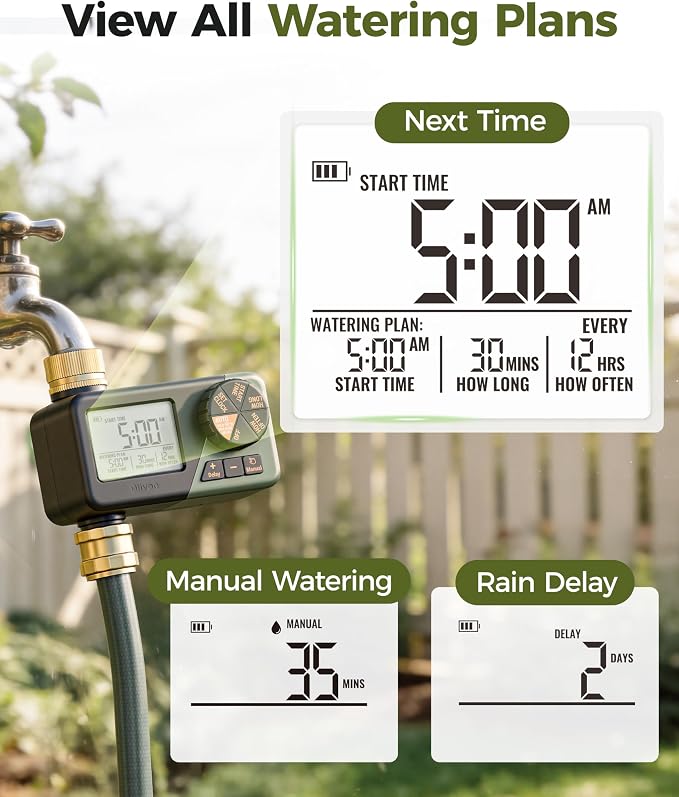 Diivoo IP66 Waterproof Brass Hose Timer, Programmable Sprinkler Timer with Large Display, Rain Delay & Manual Mode – Outdoor Automatic Irrigation System for Garden, Lawn & Yard