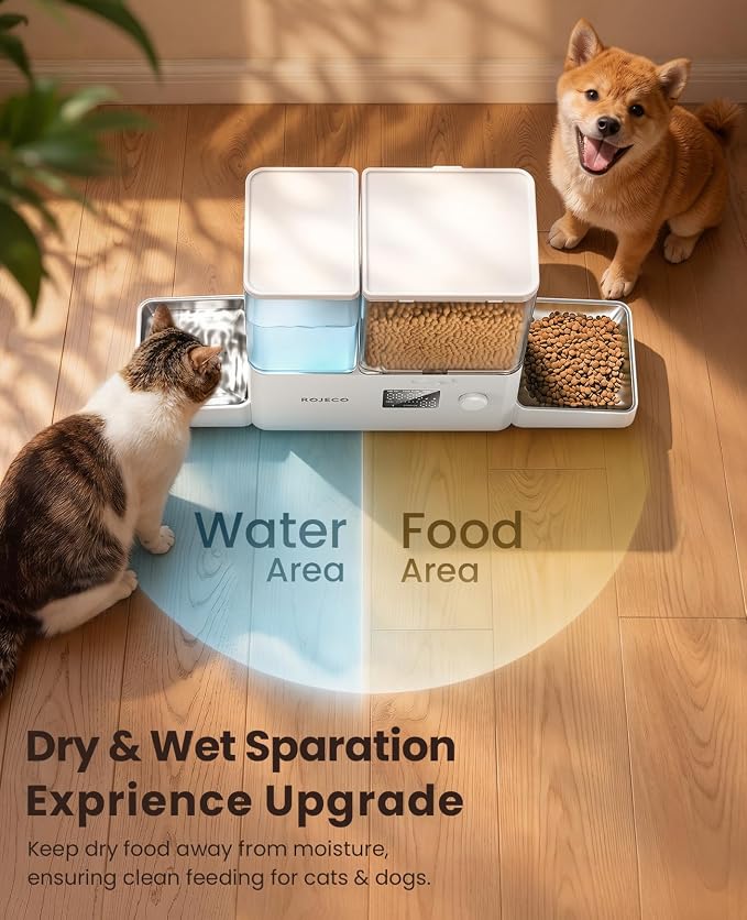Automatic Cat Feeder & Water Dispenser,Button Customizable Feeding | 2 in 1 Feeding Drinking Water/5L Food Feeder,3.5L Water Fountain/Stainless Steel Bowls/Detachable Clean/White