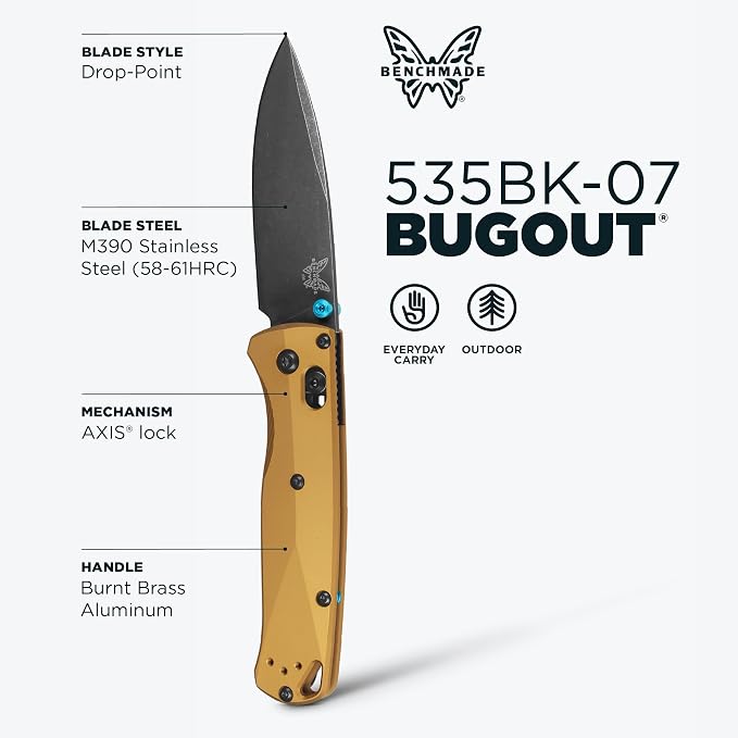 Benchmade Bugout EDC Knife, M390 Steel Blade (535BK-07) | Burnt Brass Aluminum handle, Drop-Point blade