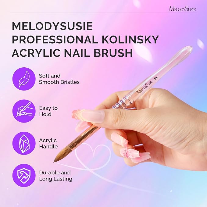 MelodySusie Kolinsky Acrylic Nail Brush, 80% Pure Kolinsky Hair, Professional Nail Brush for Acrylic Powder Nail Extension and 3D Nail Carving, Nail Art Tools for DIY Home Salon, Size 8