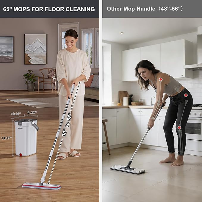 HoMettler Mop and Bucket Set, 3-Tank Flat Mop and Bucket System for Separate Dirty & Clean Water, 65" Mops for Floor Cleaning with 4 Washable Pads, Safe for Hardwood, Vinyl, Tile, Baseboards, Walls