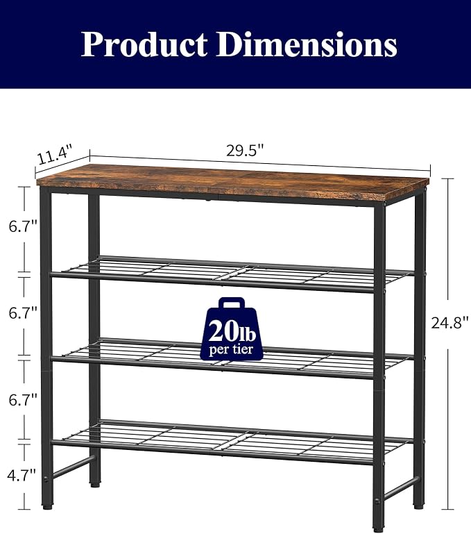 Kitsure Shoe Rack for Closet, Rustic Brown Shoe Organizer with Leveling Feet, Sturdy & Rust-Proof Shoe Storage for Entryway, Bedroom, Living Room, 29.5" x 11.4" x 24.8", Brown