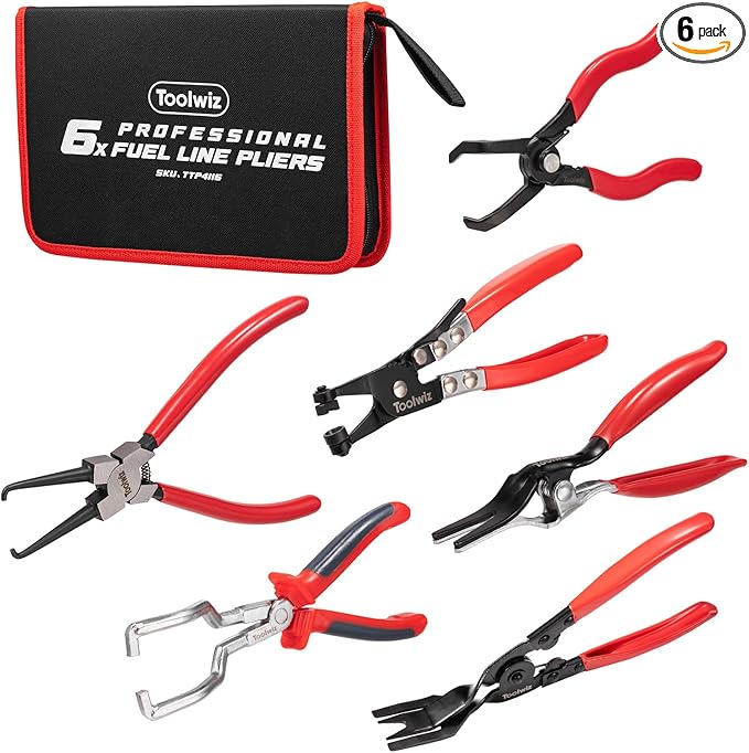 Toolwiz 6 pcs Fuel Line Pliers Set, Hose Clamp Plier, Panel Removal Tool, Hose Removal Plier, 30 Degree Push Pin Pliers, 2 pc 9" Electrical Disconnect Tool for Automotive Repair with Storage Bag