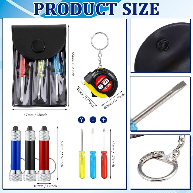 Jutom 90 Pcs Mini Tape Measure Keychain Screwdriver LED Light Keychain Bulk Men Adult Tool Party Gifts Prize for Man Father's Day Housewarming Gifts Adult Useful Tool Favors (Blue,Black,Red)