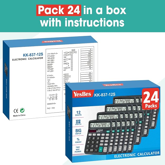 24 Pack Calculator Bulk, 12 Digits Calculators Desktop with Large LCD Display and Sensitive Butto, Solar and Battery Dual Power, Desk Calculator for School, Office, Home