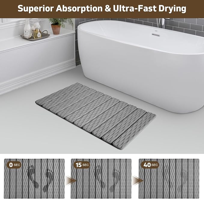 Foldable Stone Bath Mat, 2 Pcs Fast Drying Diatomaceous Earth Stone Drying Mat with Grooves on Surface, Non-Slip Rubber Base, Easy to Store and Clean (Grey, 24"x 16" & 8"x 4")
