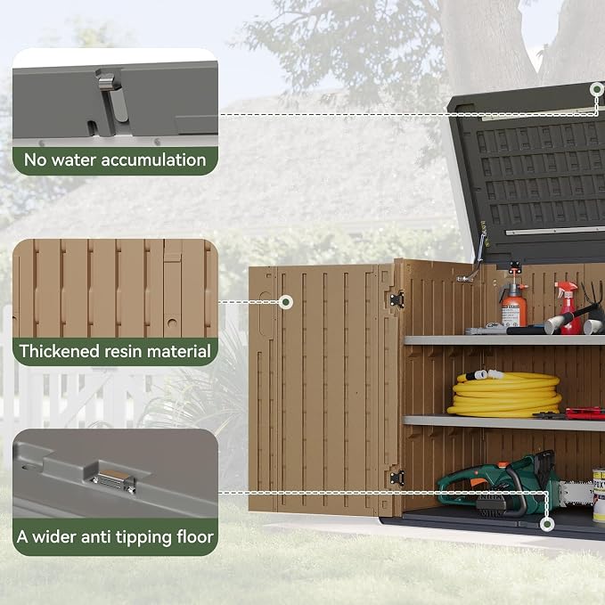 Aoxun Outdoor Storage Cabinet with 2 Shelves, 35 Cu Ft Waterproof Portable Horizontal Resin Shed Outdoor Storage for Garbage Bin, Generators & Yard Gear, and Lawn Mower (Brown)