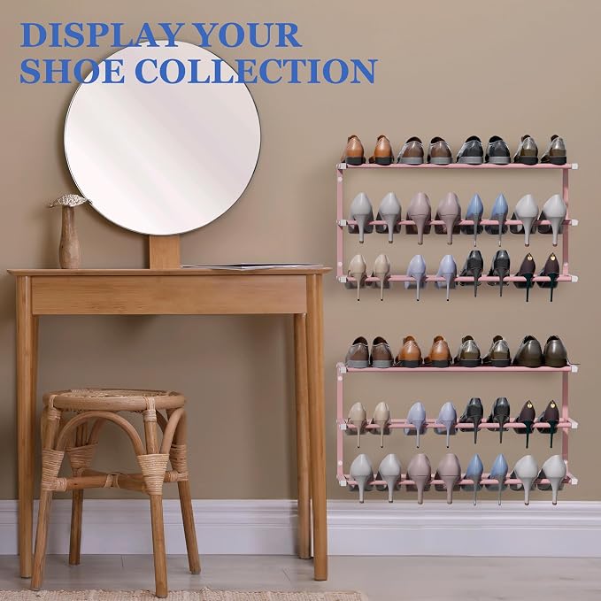 Wall Mounted Shoe Rack, 3 Tier Hanging Shoe Rack Holds 12 Pairs, 17"-30" Adjustable Heavy Duty Metal Shoe Organizer Holder with 2 Storage Hooks, Space Saving for Closet Entryway Doorway（Pink