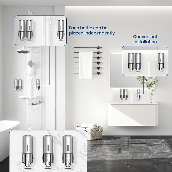 EXIN DECHEN Shampoo and Conditioner Dispenser(Triple x 16.9 oz,Silver) | Easy Installation,Wall-Mounted,Bottle Separable,Large Capacity,Shower Shampoo Conditioner Body Wash Dispenser for Bathroom