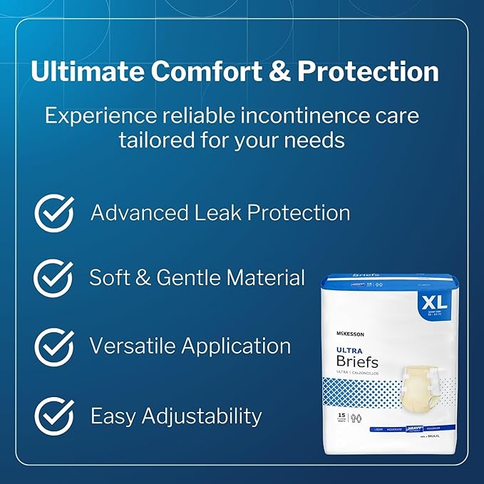 McKesson Ultra Briefs, [60 Count], XL, 58-64 in. Incontinence Adult Diapers with Tabs, Heavy Absorbency, Unisex, Disposable, Elastic Leg Gathers and Contoured Fit for Men and Women
