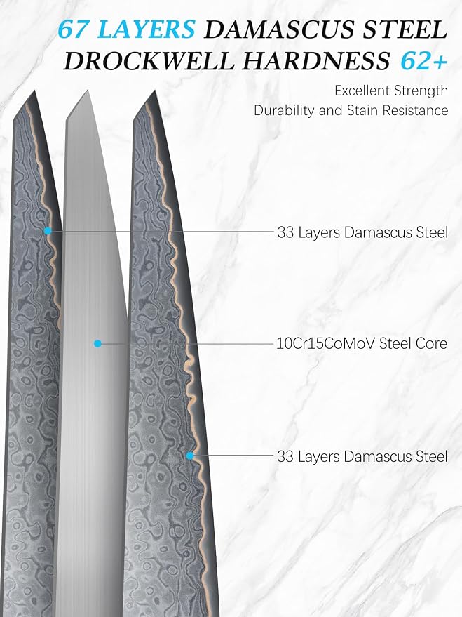 HOSHANHO Damascus 3PCS Knife Set, 67-Layer Damascus Steel Kitchen Knife Set | Ultra Sharp Japanese Chef Knives Set with Ergonomic Blue Resin Stabilized Handle & Wood Gift Box