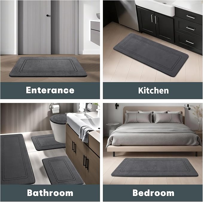 YIHOUSE Memory Foam Bath Mat Set, Non Slip Bath Mats for Bathroom, Super Soft and Water Absorbent Bath Rug Set, Machine Washable U Shape Toilet Mats, Dark Grey