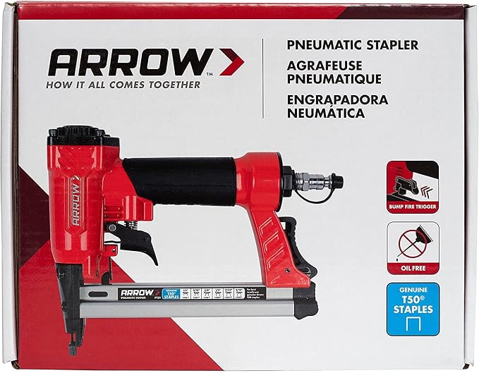 Arrow PT50 Oil-Free Pneumatic Staple Gun,Professional Heavy-Duty Stapler for Wood,Upholstery,Carpet,Wire Fencing,Fits 1/4”,5/16”,3/8",1/2",9/16” Staples,Red,(Pack of 3)