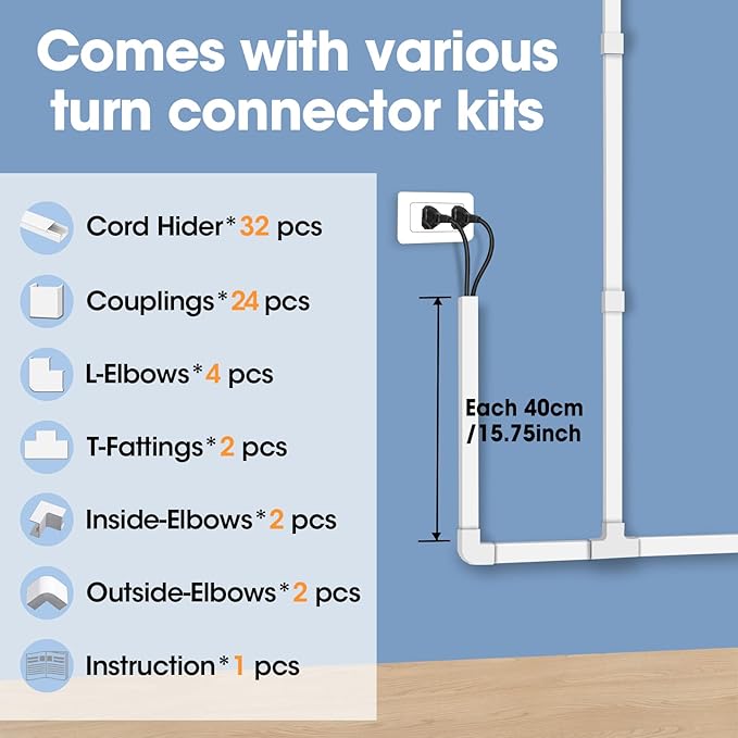 500in Cord Hider Kit, Cord Covers for Wires on Wall, Paintable Cable Raceway, Cord Hider for Wall Mount tv, tv Cable Hider Wall kit, Wire Covers for Cords, 32X L15.75 X W0.96in X H0.57in, White