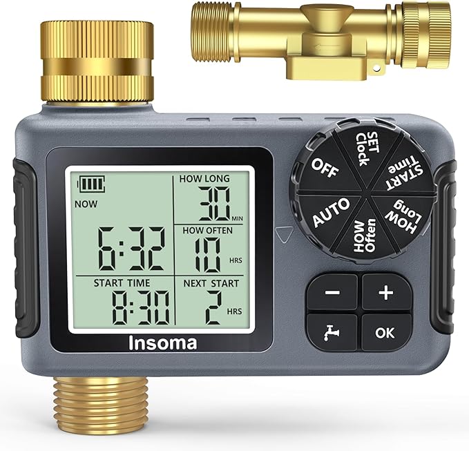 Water Timer for Garden Hose with 100% Brass Pipe, Programmable Sprinkler Controller for Garden Faucet with Auto/Manual/Rain Delay Mode, Irrigation Timers for Lawn, Yard, Outdoor Plants