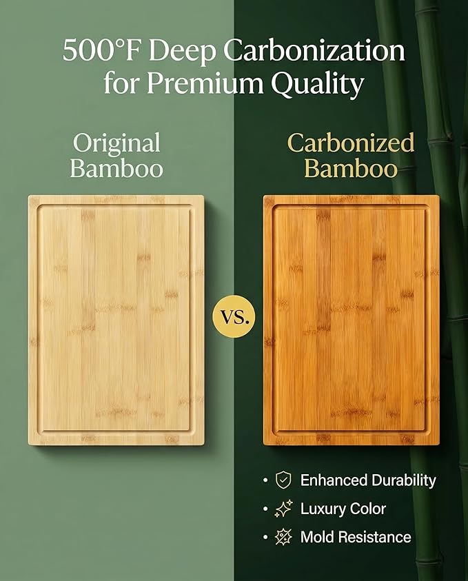 CARTMAN 3-Piece Bamboo Cutting Boards for Kitchen with Stand & Holder | Includes 3 sizes & dual-purpose stand for charcuterie, 100% non-toxic bamboo, deep juice groove, warp-proof 3-layer