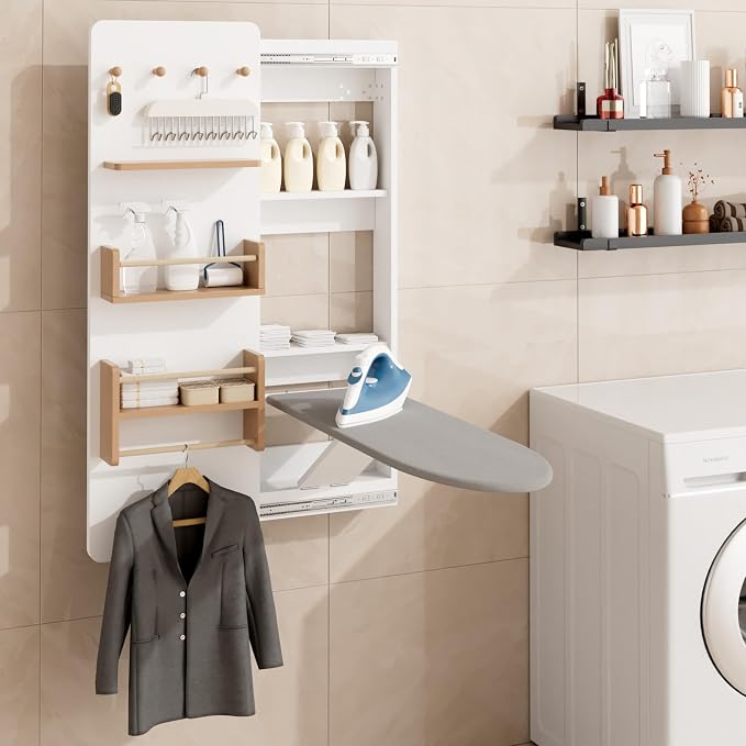 Kikihouse Wall Mounted Ironing Board Cabinet with Storage, Foldable Wall Ironing Board with Sliding Door, Wall Mount Space Saving Ironing Station for Laundry Room, Living Room, Entrance