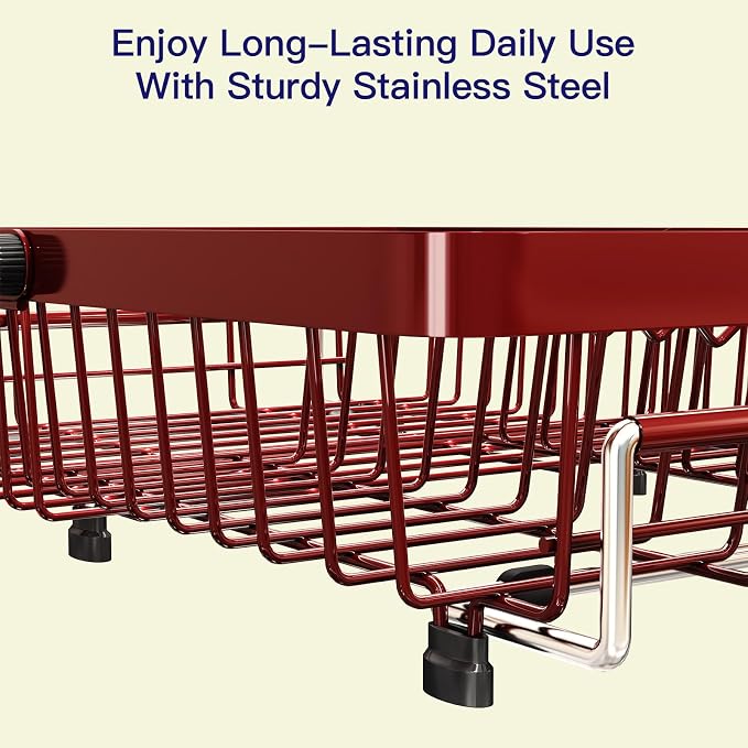 Red Dish Drying Rack Over The Sink with Utensil Holder, Mat | Expandable Stainless Steel Dish Drainer for Small Kitchen, Apartment, RV, Counter Space Saving, Perfect Fit, Rustproof