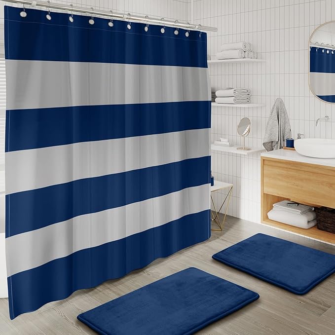 Clara Clark Bathroom Set - Navy Bathroom Accessories Set, Bathroom Sets with Shower Curtain and Rugs, 23PC Shower Curtain Set with Liner, Soap Dispenser, Soap Dish, Toilet Brush Holder, and Trash Can