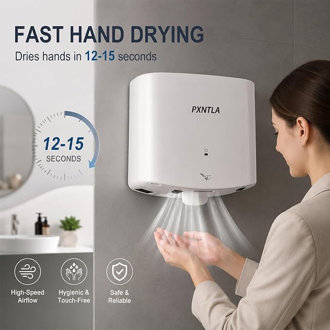 Hand Dryer, 12-15 Seconds Fast Dry Hands, 100-130V Voltage, Bottom Hot & Cold Air Switch, IPX1 Waterproof & 60s Overheat Protection