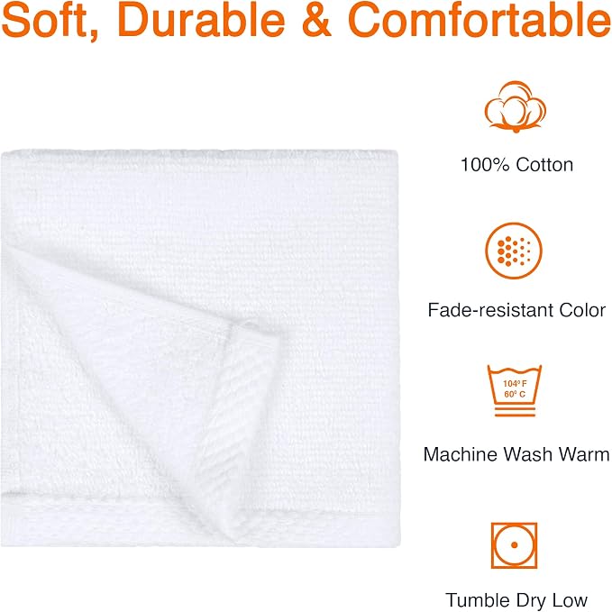 Amazon Basics Cotton Washcloths, Lightweight Quick-Dry, Absorbent Face and Body Towel Set, 12" x 12", White, 12-Pack