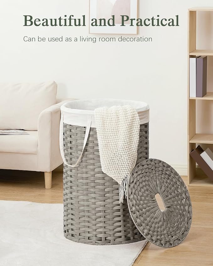 SETVSON Large Laundry Hamper Laundry Basket with Lid, Round PE Rattan, Gray | 130L Large Woven Basket with Lid, Removable Washable Liner Bag, 2 Mesh Laundry Bags, Foldable Long Side Handles