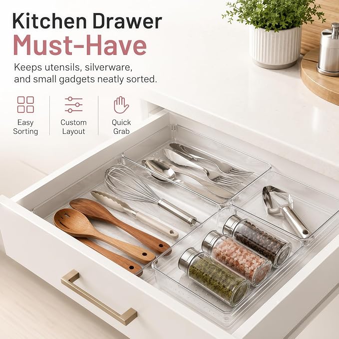12 Pack Large Drawer Organizer Bins - Clear Plastic Bathroom Drawer Organizer Trays - Heavy Duty Kitchen Drawer Dividers for Utensils - Non-Slip Storage Bins for Makeup, Bedroom, Office Desk