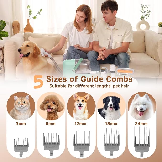 HEAPETS Dog Grooming Vacuum Kit - 3L Vacuum with 7 Tools, Low Noise Electric Clipper and Brush for Pet Shedding at Home, Green